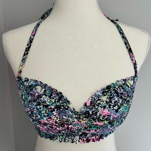 Victoria’s Secret Getaway Halter Bikini Top- 32DD- black graffiti paint splatter